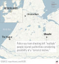 Map locates Utrecht, Netherlands, where shooting occorred on tram; 2c x 3 1/2 inches; 96.3 mm x 88 mm;