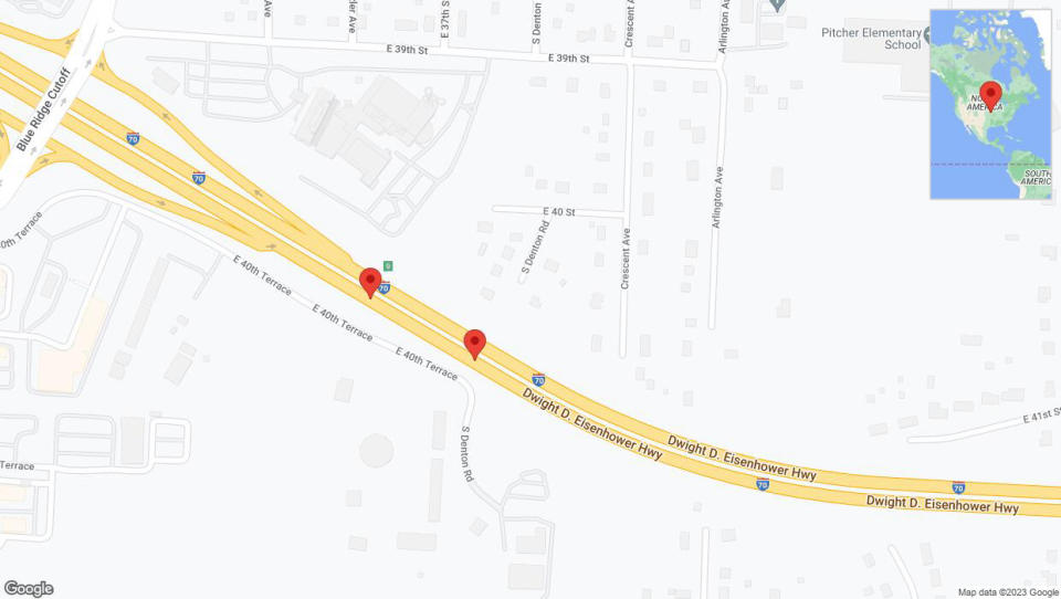 A detailed map that shows the affected road due to 'Broken down vehicle on eastbound I-70 in Kansas City' on December 28th at 11:10 p.m.