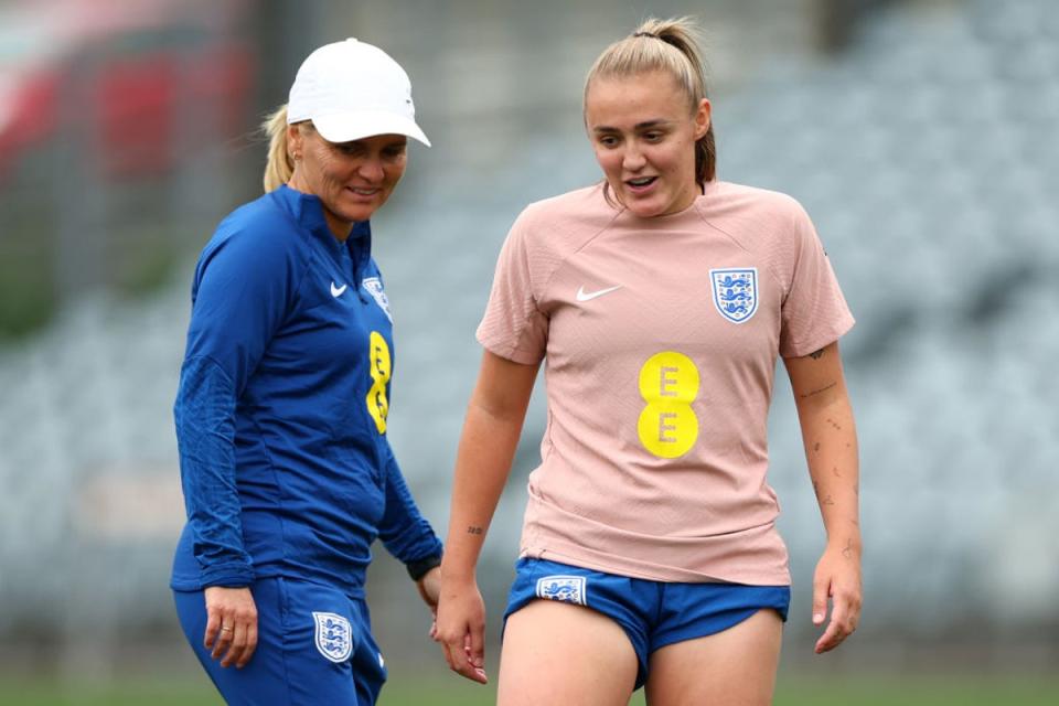 Coach Sarina Wiegman and  Georgia Stanway during a World Cup training session (The FA via Getty Images)