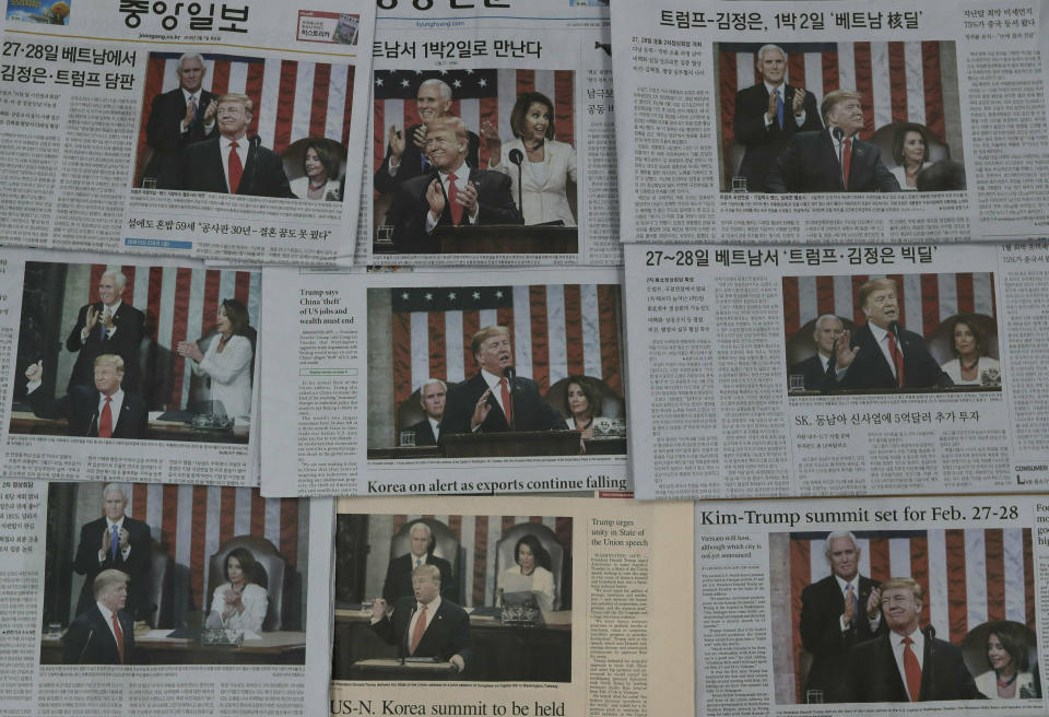 Newspapers' front pages showing U.S. President Donald Trump delivering his State of the Union address, are seen in Seoul, South Korea, Thursday, Feb. 7, 2019. With the next meeting between Trump and North Korean leader Kim Jong Un set for Feb. 27-28 in Vietnam, there’s hope and caution in South Korea on whether the leaders could agree to tangible steps toward reducing the North’s nuclear threat after a year of soaring but fruitless talks. (AP Photo/Lee Jin-man)