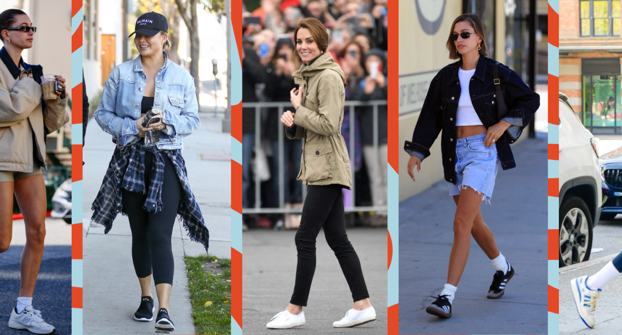 hailey bieber, chrissy tiegen, kate middleton, bella hadid fall sneakers 2023, best shoes for fall 2023