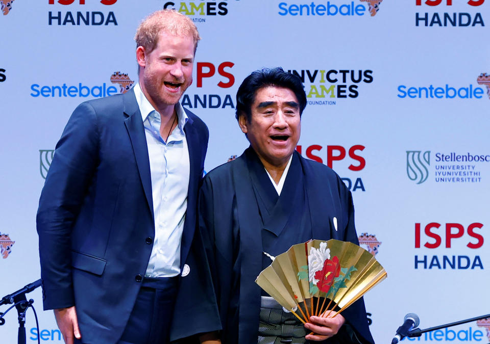 Britain's Prince Harry, Duke of Sussex, and ISPS HANDA’s founder Haruhisa Handa pose during a summit on the power of sport, community and philanthropy at the ISPS Sports Values Summit-Special Edition in Tokyo, Japan, August 9, 2023. REUTERS/Kim Kyung-Hoon