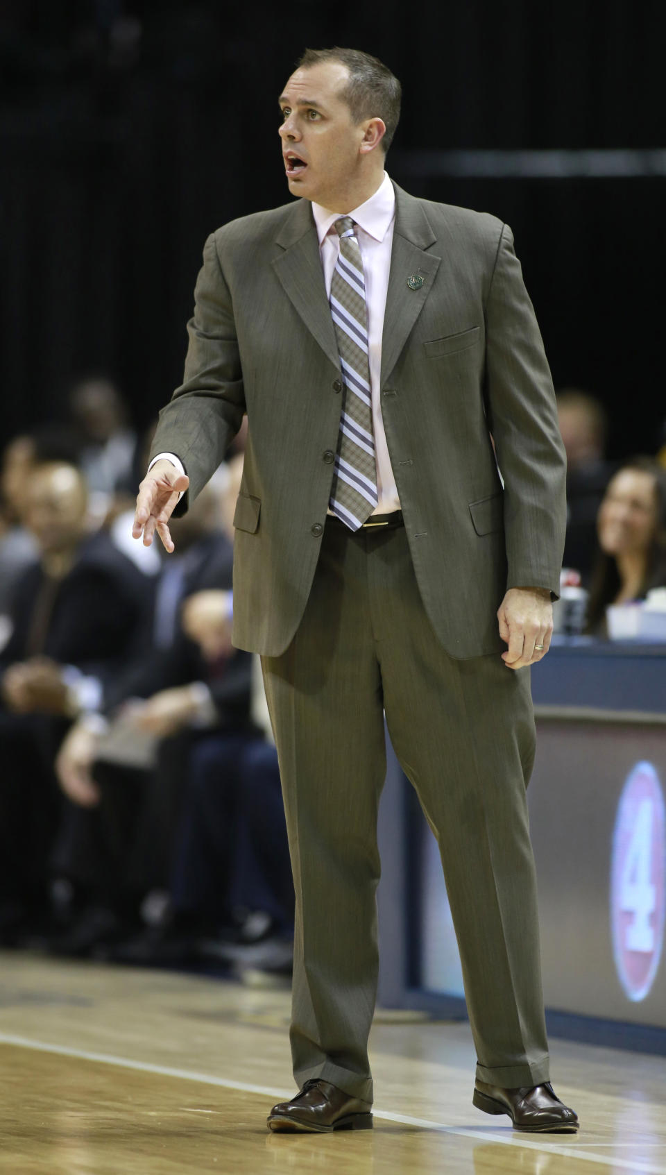 Indiana Pacers head coach reacts to an official's call in the first half of an NBA basketball game against the Atlanta Hawks in Indianapolis, Sunday, April 6, 2014. Atlanta won 107-88. (AP Photo/R Brent Smith)