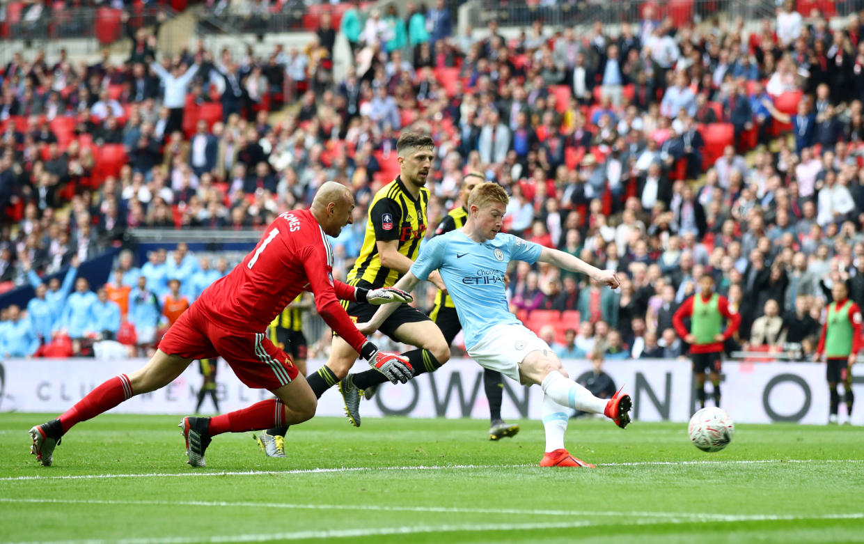 Kevin De Bruyne of Manchester City scores his team's third goal during the FA Cup Final match between Manchester City and Watford at Wembley Stadium.