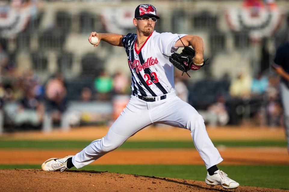Amarillo Sod Poodles pitcher Brent Teller (23) against the Northwest Arkansas Naturals on Friday, July 1, 2022, at HODGETOWN in Amarillo, Texas.