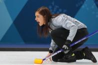 Curling - Pyeongchang 2018 Winter Olympics - Women's Round Robin - Britain v Canada - Gangneung Curling Center - Gangneung, South Korea - February 21, 2018 - Skip Eve Muirhead of Britain shouts. REUTERS/Phil Noble