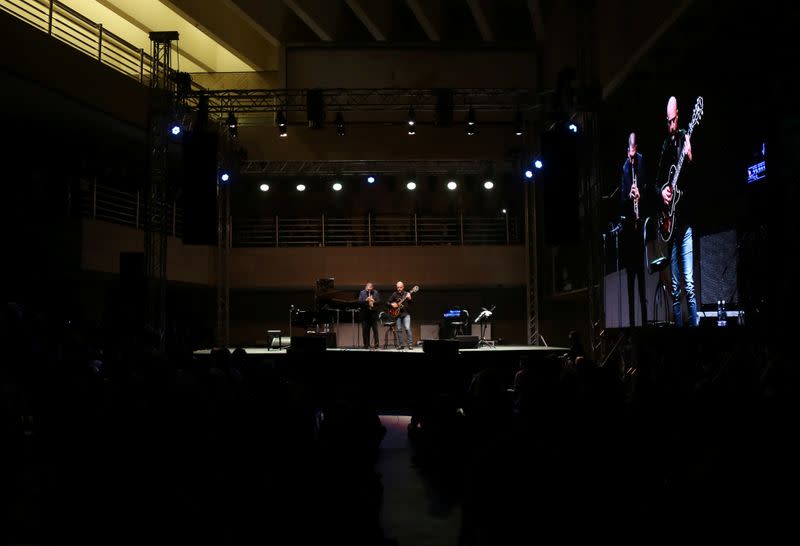 French-Lebanese trumpet player and composer Ibrahim Maalouf performs with guitarist Francois Delporte in Beirut