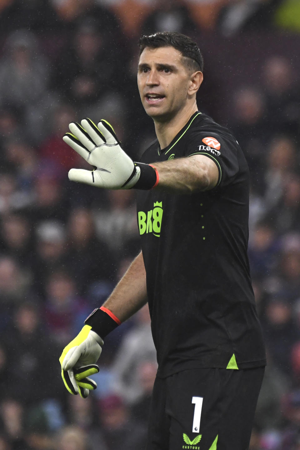 Aston Villa's goalkeeper Emiliano Martinez in action during the English Premier League soccer match between Aston Villa and Liverpool at the Villa Park stadium in Birmingham, England, Monday, May 13, 2024. (AP Photo/Rui Vieira)