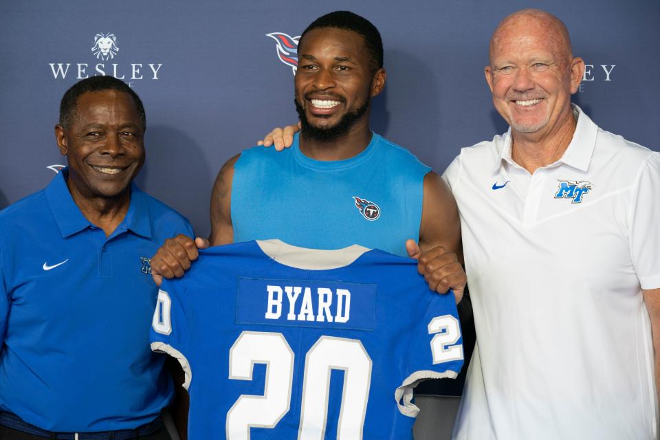 Kevin Byard, pictured last August (with MTSU President Sidney McPhee and MTSU football coach Rick Stockstill) when it was announced his MTSU jersey would be retired, will have the strength and conditioning center at the school's Student Athlete-Performance Center named in his honor after a significant contribution.