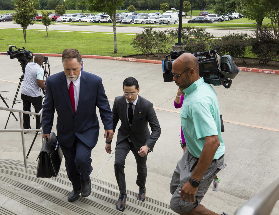 Victor Hugo Cuevas, a 26-year-old linked to a missing tiger named India, arrives at the Fort Bend County Justice Center for a bond revocation hearing on a separate murder charge, on Friday, May 14, 2021, in Richmond, Texas. (Godofredo A. Vásquez/Houston Chronicle via AP)