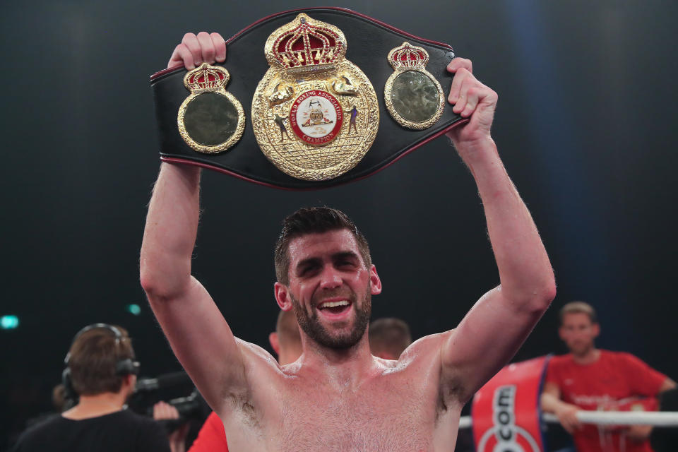 Rocky Fielding celebrates after winning the WBA super middleweight title against Tyron Zeuge at Baden-Arena on July 14, 2018 in Offenburg, Germany. (Getty Images)