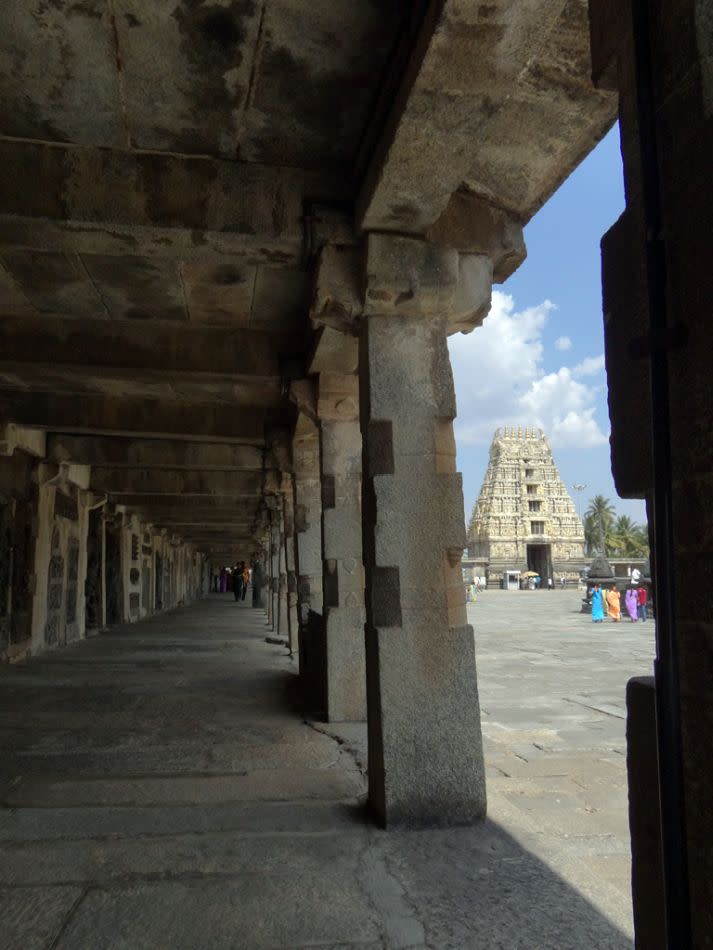 A pillared corridor inside the temple complex.