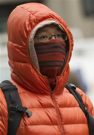 A man covers up from the cold weather in New York November 26, 2013. REUTERS/Brendan McDermid