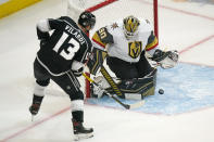 FILE - Vegas Golden Knights goaltender Robin Lehner (90) makes as save against Los Angeles Kings center Gabriel Vilardi (13) during the first period of an NHL hockey preseason game on Sept. 30, 2021, in Salt Lake City. Hockey has started to take off locally since Salt Lake City began hosting Frozen Fury, an NHL preseason exhibition game, in 2021. (AP Photo/Rick Bowmer, File)