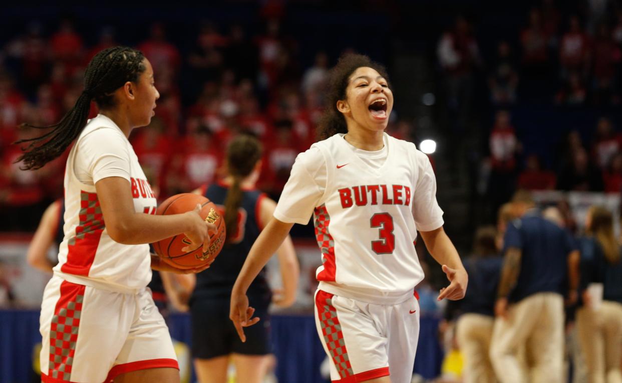 Butler’s Emaree Gober celebrates with teammates after the Bearettes defeated Anderson County on Wednesday.