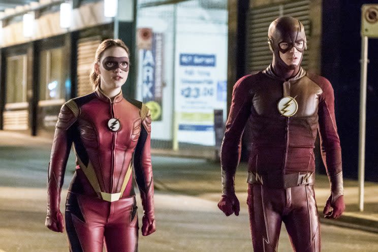 Violett Beane as Jesse Quick and Grant Gustin as the Flash. (Photo: Katie Yu/The CW)