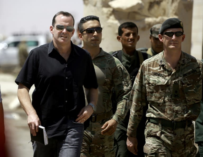 Brett McGurk (L) arrives for a meeting with the Raqa Civil Council in the northern Syrian village of Ain Issa