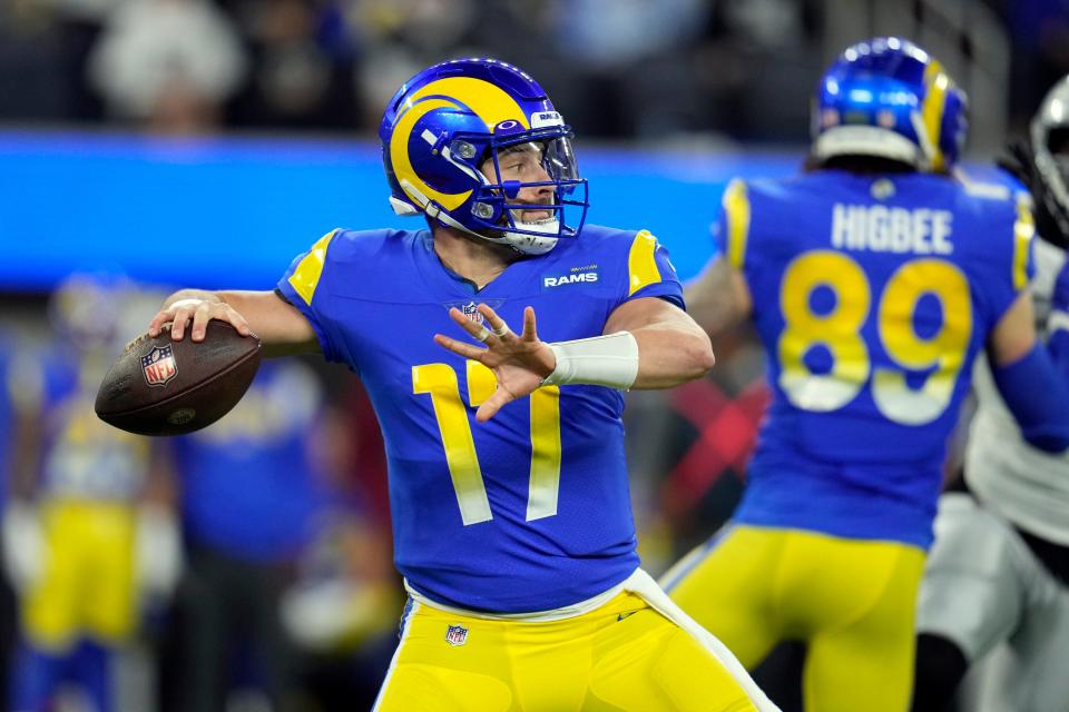 Los Angeles Rams quarterback Baker Mayfield throws a pass during the first half against the Las Vegas Raiders.