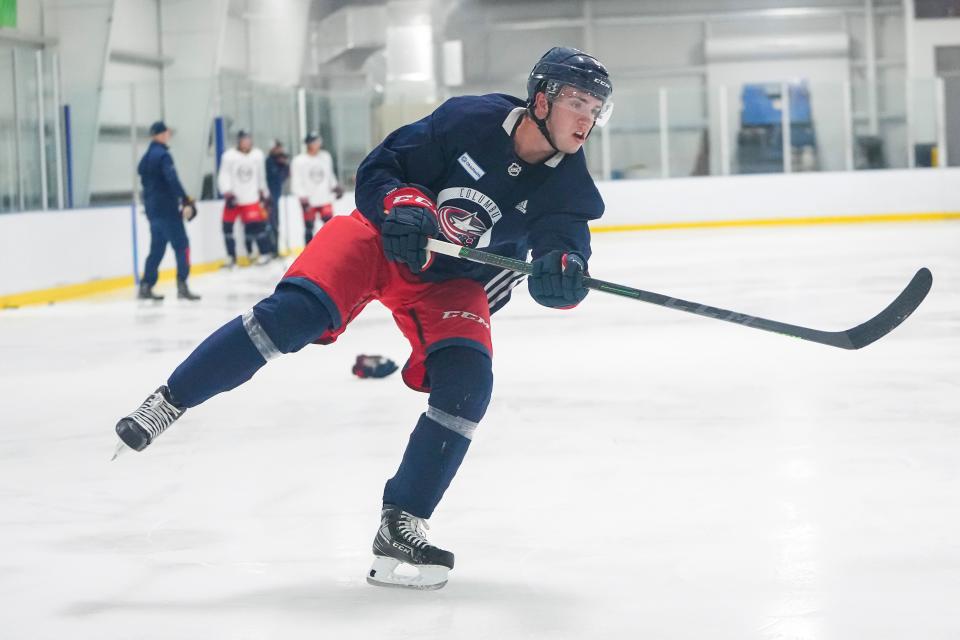 Jul. 12, 2022; Lewis Center, OH USA;  Columbus Blue Jackets defenseman Guillaume Richard takes a shot during development camp at the OhioHealth Chiller North in Lewis Center on July 12, 2022. Mandatory Credit: Adam Cairns-The Columbus Dispatch