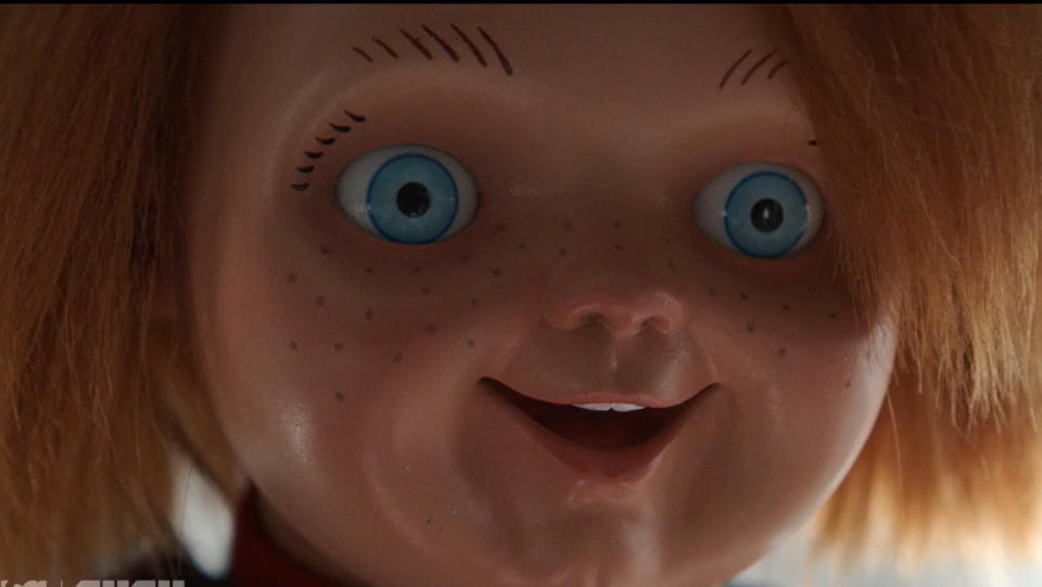 An up close view of Chucky the doll's face