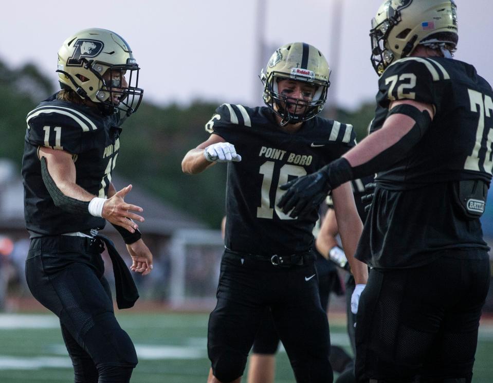 Boro’s Matt Oliphant (11) celebrates a touchdown. Manasquan vs Pt. Boro football.Point Pleasant Borough, NJFriday, August 9, 2022