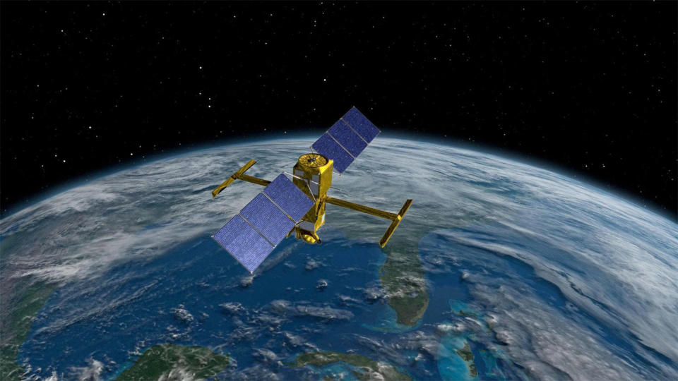 An artist's impression of the Surface Water and Ocean Topography -- SWOT -- satellite in orbit with its solar arrays and its two T-shaped Ka-band radar antennas deployed. / Credit: NASA