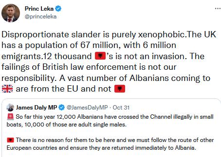 Albania's Prince Leka criticises Suella Braverman and Tory MP James Daly