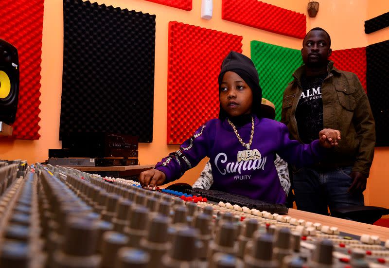 Ugandan eight-year-old rapper "Fresh Kid", whose real name is Patrick Ssenyonjo, is seen at the Badman Records studios in Kawempe Lugoba, in the outskirts of Kampala