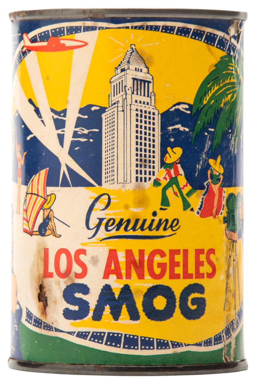 1950s smog souvenir can shows City Hall and L.A. landscape. Text: 