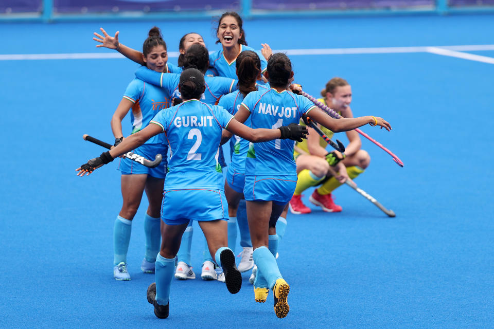 TOKYO, JAPAN - AUGUST 02: Players of Team India celebrate their 1-0 win after the Women's Quarterfinal match between Australia and India on day ten of the Tokyo 2020 Olympic Games at Oi Hockey Stadium on August 02, 2021 in Tokyo, Japan. (Photo by Buda Mendes/Getty Images)