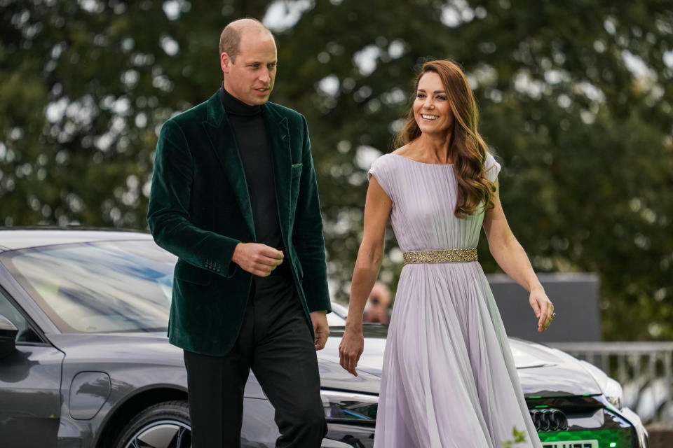 Britain's Prince William and Kate, Duchess of Cambridge attend the first ever Earthshot Prize Awards Ceremony at Alexandra Palace in London on Sunday Oct. 17, 2021. Created by Prince William and The Royal Foundation, The Earthshot Prize has led an unprecedented global search for the most inspiring and innovative solutions to the greatest environmental challenges facing the planet. (AP Photo/Alberto Pezzali, pool)