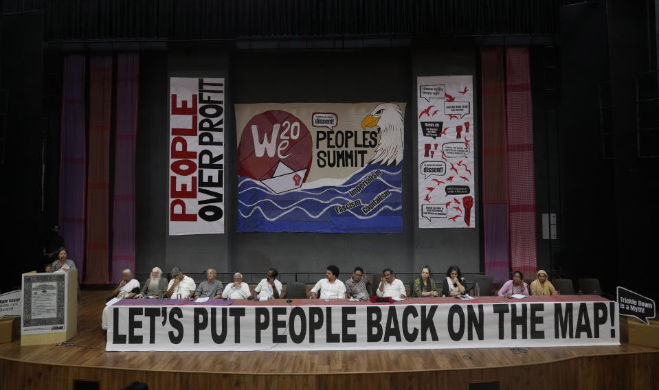 All India Democratic Women's Association leader Brenda Karat, speaks as during a 'People's Summit on G20