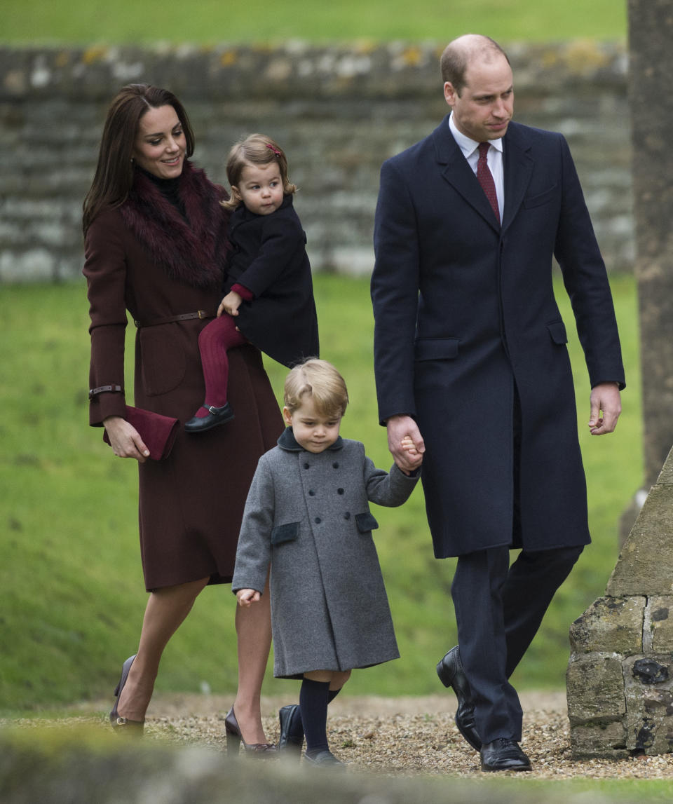 Prince William, Duke of Cambridge, Catherine, Duchess of Cambridge, Prince George of Cambridge and Princess Charlotte of Cambridge attend church on Christmas Day on December 25, 2016. [Photo: Getty]