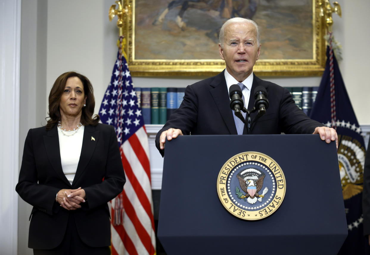 WASHINGTON, DC - JULY 14: U.S. President Joe Biden delivers remarks on the assassination attempt on Republican presidential candidate former President Donald Trump at the White House on July 14, 2024 in Washington, DC. A shooter opened fire injuring former President Trump, killing one audience member, and injuring two others during a campaign event in Butler, Pennsylvania on July 13. Biden was joined by Vice President Kamala Harris. (Photo by Kevin Dietsch/Getty Images)