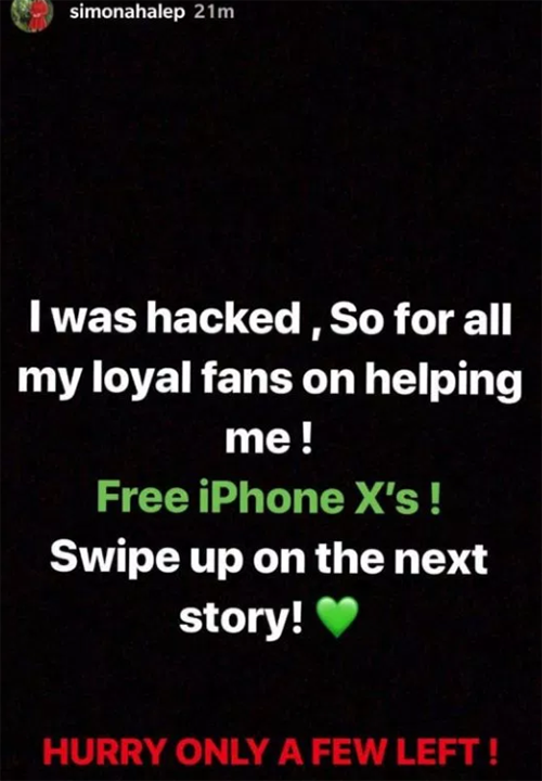 Simona Halep's Instagram story was hacked. Image: Supplied