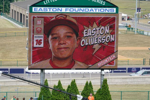 Easton Oliverson is pictured on the scoreboard of the Little League World Series during the opening ceremony. (Photo: via Associated Press)