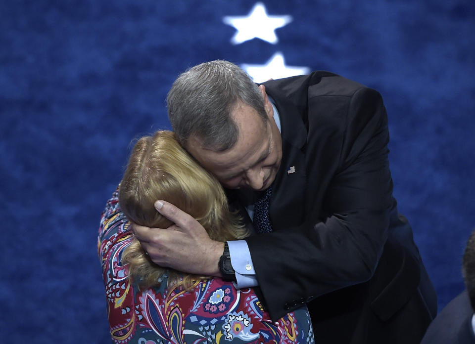 General John Allen (ret. USMC), former Commander, International Security Assistance Forces, and Commander, United States Forces - Afghanistan, hugs a woman on stage after speaking on the fourth and final day of the Democratic National Convention at Wells Fargo Center on July 28, 2016 in Philadelphia, Pennsylvania.&nbsp;