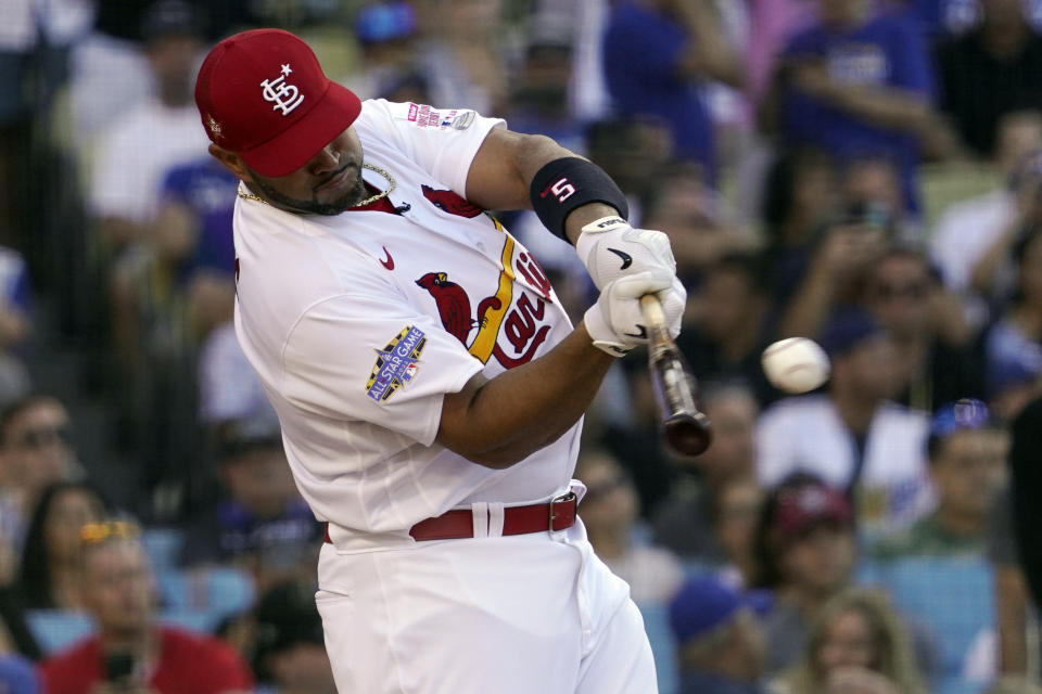 National League's Albert Pujols, of the St. Louis Cardinals, bats during the MLB All-Star baseball Home Run Derby, Monday, July 18, 2022, in Los Angeles. (AP Photo/Mark J. Terrill)