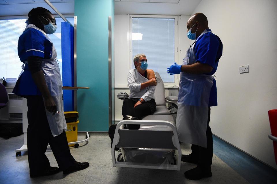 Kate Bingham, Chair of the Government's Vaccine Taskforce, starting her Novavax trial at the Royal Free Hospital, north London (PA)