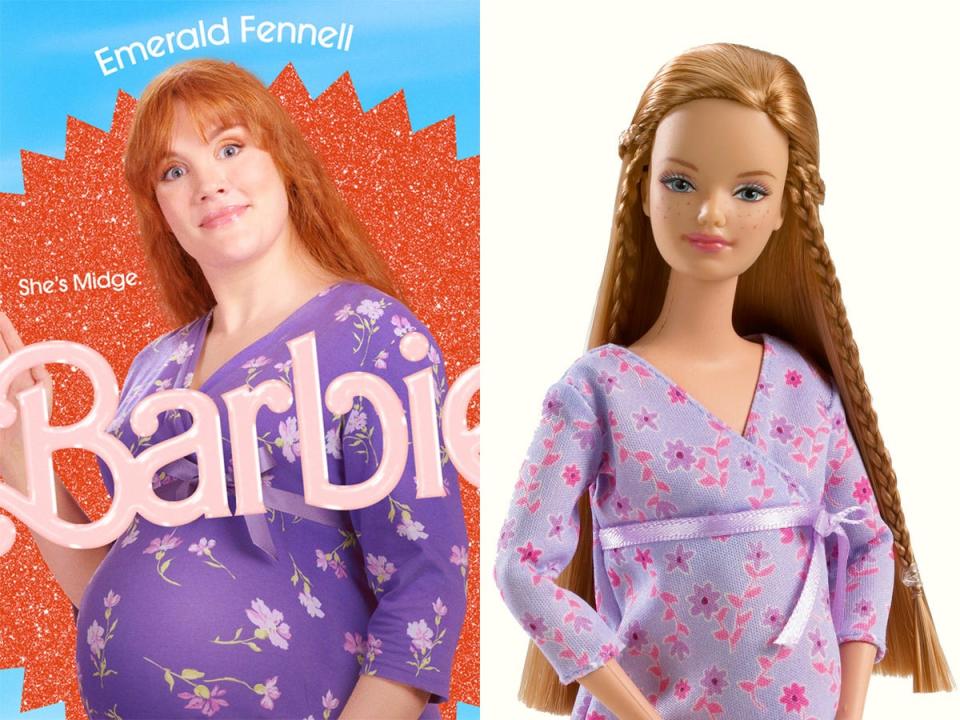 Left: Emerald Fennell as Midge in "Barbie." On the right: Mattel's 2002 Midge doll.