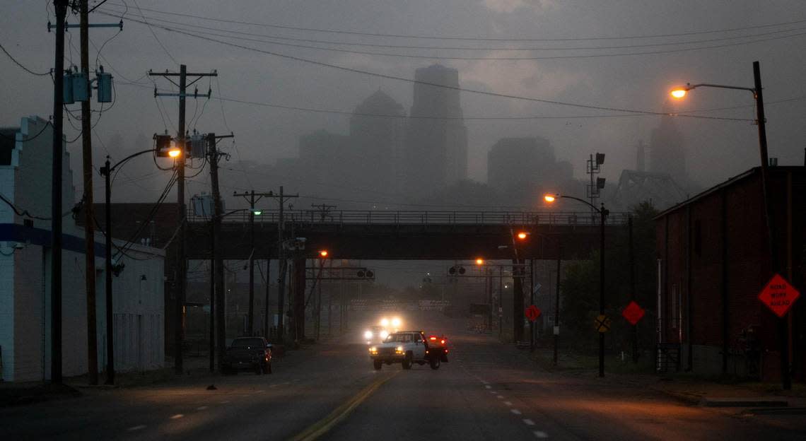 A haboob envelopes the downtown skyline on Friday, July 14, 2023, in Kansas City. Dust stirred up by strong winds from an approaching storm caused the near-blackout conditions. Nick Wagner/nwagner@kcstar.com