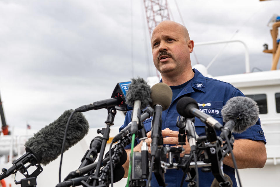Coast Guard Capt. Jamie Frederick speaks about the search efforts for the submersible at a press conference.