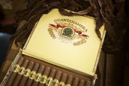 A box of Guantanamera Cigars is pictured in Jose Montagne's store on the famed Calle Ocho (Eighth Street) in the Little Havana section of Miami, April 16, 2015. REUTERS/Carlo Allegri