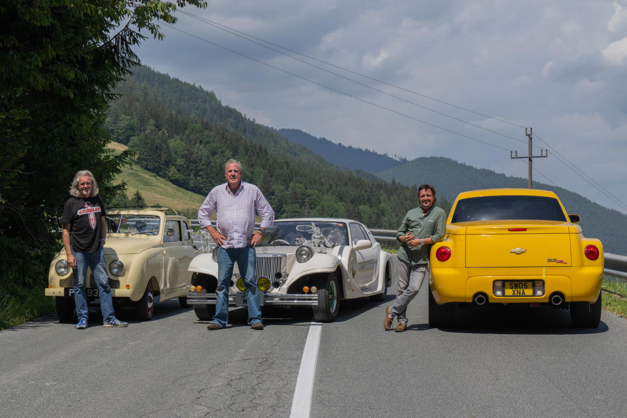 Jeremy Clarkson, James May, and Richard Hammond star in The Grand Tour: Eurocrash. (Prime Video)