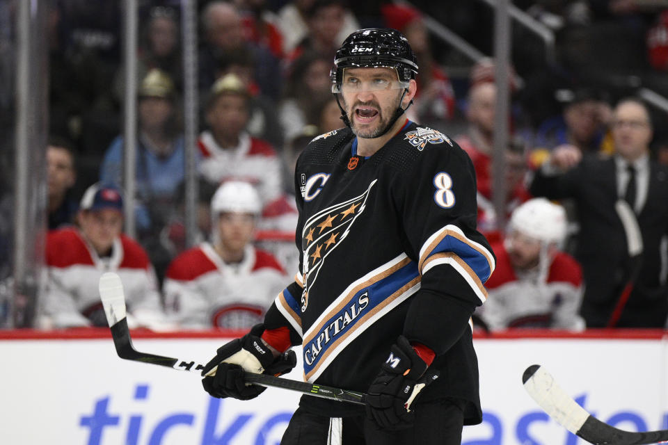 Washington Capitals left wing Alex Ovechkin (8) reacts during the first period of an NHL hockey game against the Montreal Canadiens, Saturday, Dec. 31, 2022, in Washington. (AP Photo/Nick Wass)