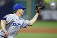 Kansas City Royals starting pitcher Zack Greinke forces out Cleveland Guardians' Gabriel Arias at first base during the fourth inning of a baseball game, Monday, Oct. 3, 2022, in Cleveland. (AP Photo/Ron Schwane)