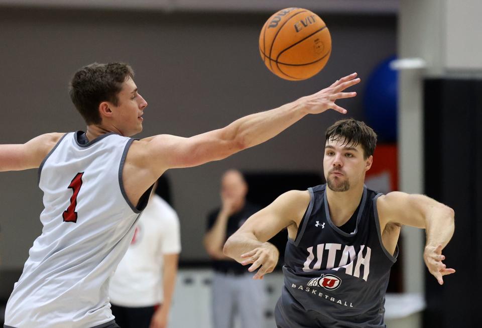 Ben Carlson and Rollie Worster practice with the Utah Runnin’ Utes at the Jon M. and Karen Huntsman Basketball Facility in Salt Lake City on Tuesday, Sept. 26, 2023. | Kristin Murphy, Deseret News