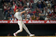 Philadelphia Phillies' Trea Turner watches his foul during the seventh inning of a baseball game against the Los Angeles Angels, Monday, April 29, 2024, in Anaheim, Calif. (AP Photo/Ryan Sun)