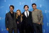 Actors Ricardo Pereira, Margarida Vila-Nova, Miguel Nunes and director Ivo Ferreira (L-R) pose during a photocall to promote the movie Cartas da guerra (Letters from War) at the 66th Berlinale International Film Festival in Berlin February 14, 2016. REUTERS/Stefanie Loos