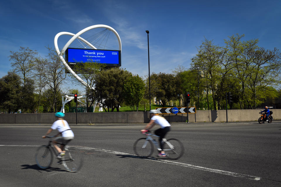 A large display thanking the NHS at Wandsworth roundabout as the UK continues in lockdown to help curb the spread of the coronavirus.